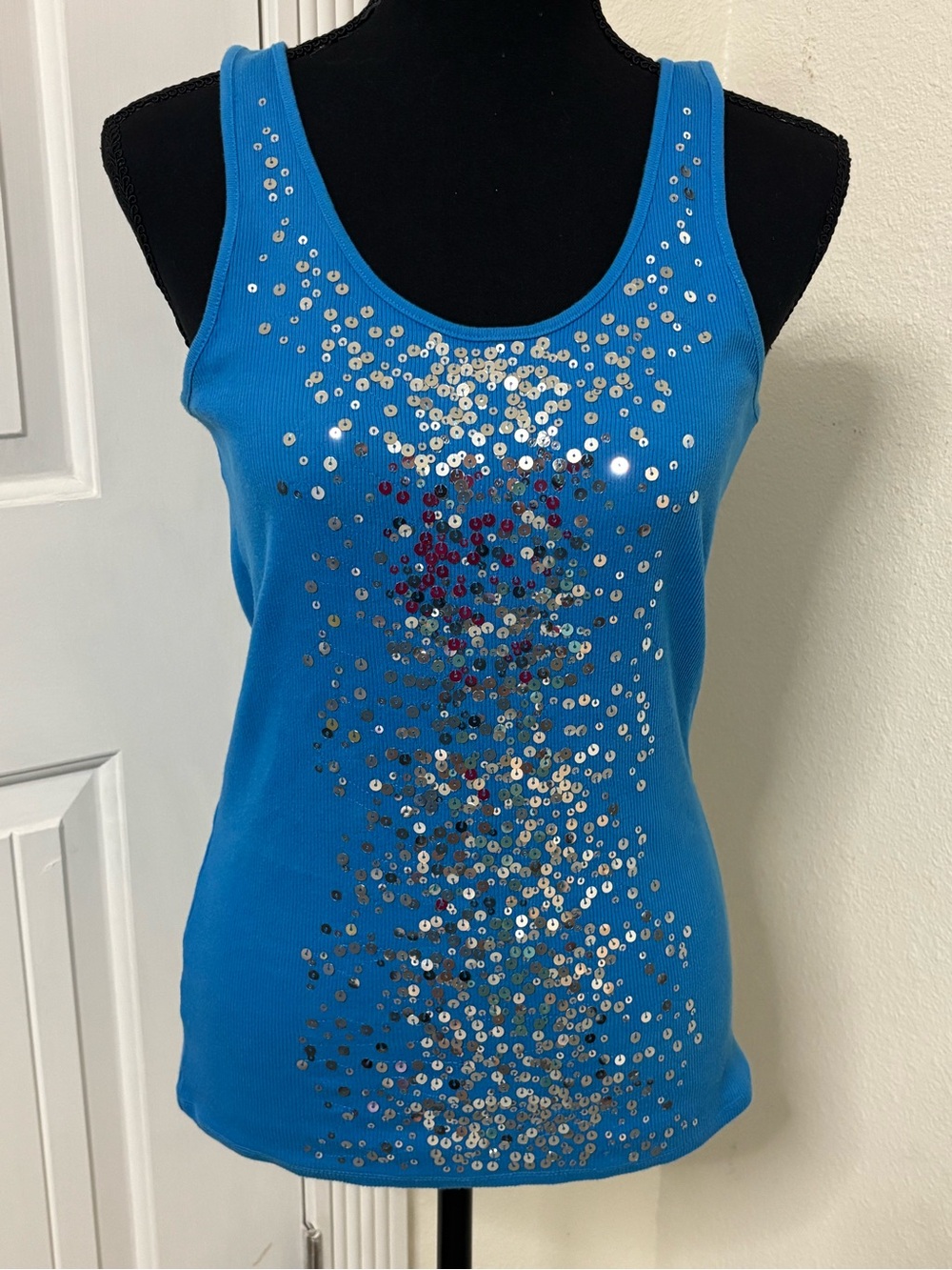 Bright Blue Sequin Ribbed Tank Top - Women's Sleeveless Shell